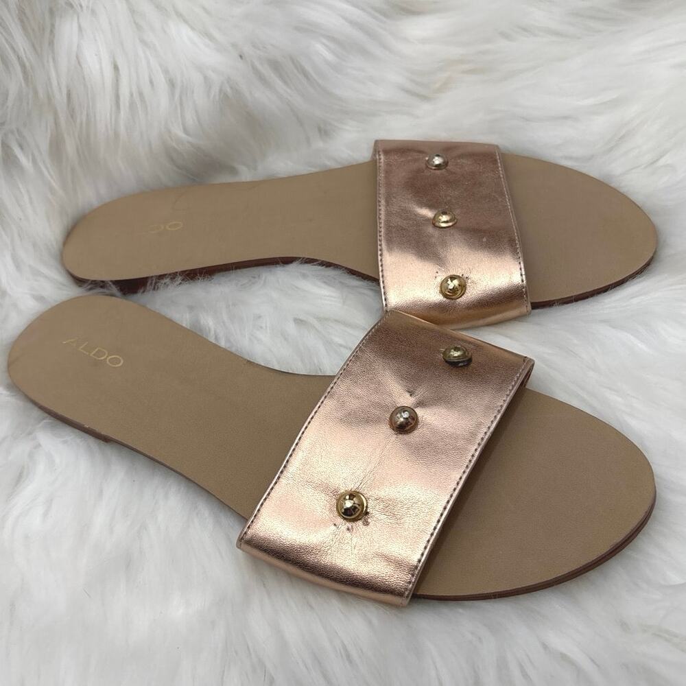 Aldo Metallic Studded Flat Slide Sandals Size 10
